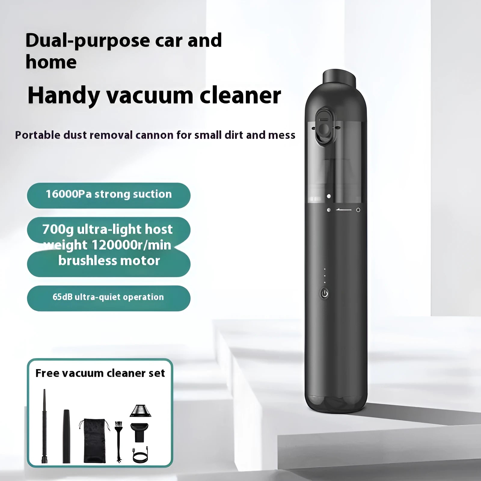 Handheld wireless vacuum and dust blower in black with attachments for car and home cleaning