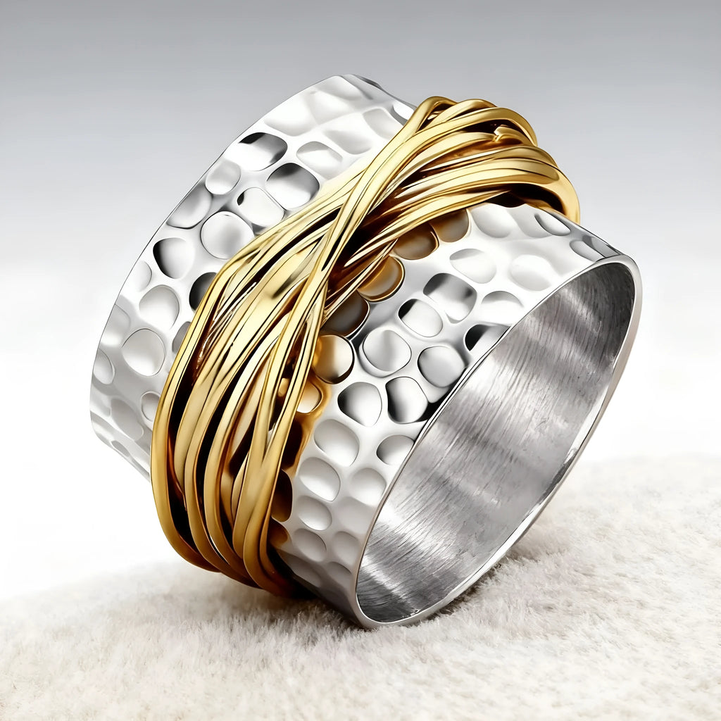 Two-tone alloy ring with hammered metal coil design in sizes no.6 to no.10