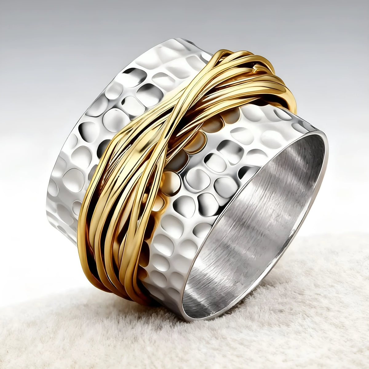 Two-tone alloy ring with hammered metal coil design in sizes no.6 to no.10