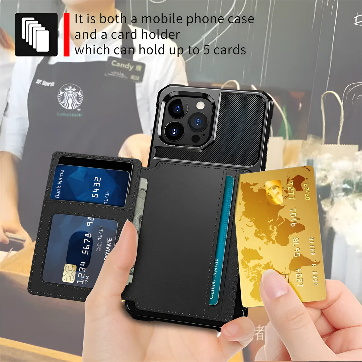 Car magnetic card cover phone case drop-resistant TPU back cover for iPhone 15 Pro black
