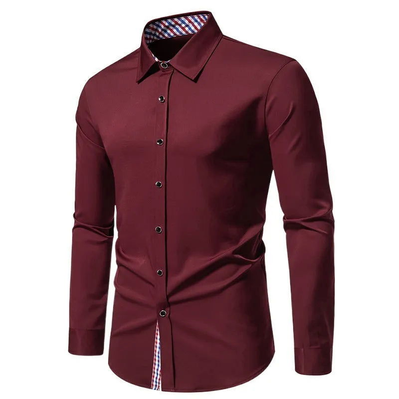 Men's loose-fitting plaid long-sleeved casual shirt in wine red, hanging on a background.