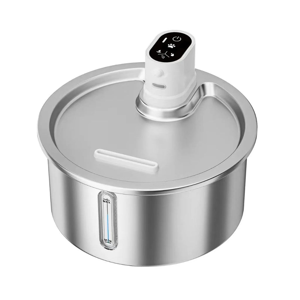Stainless steel heated pet water fountain on a white base with a charging cable.