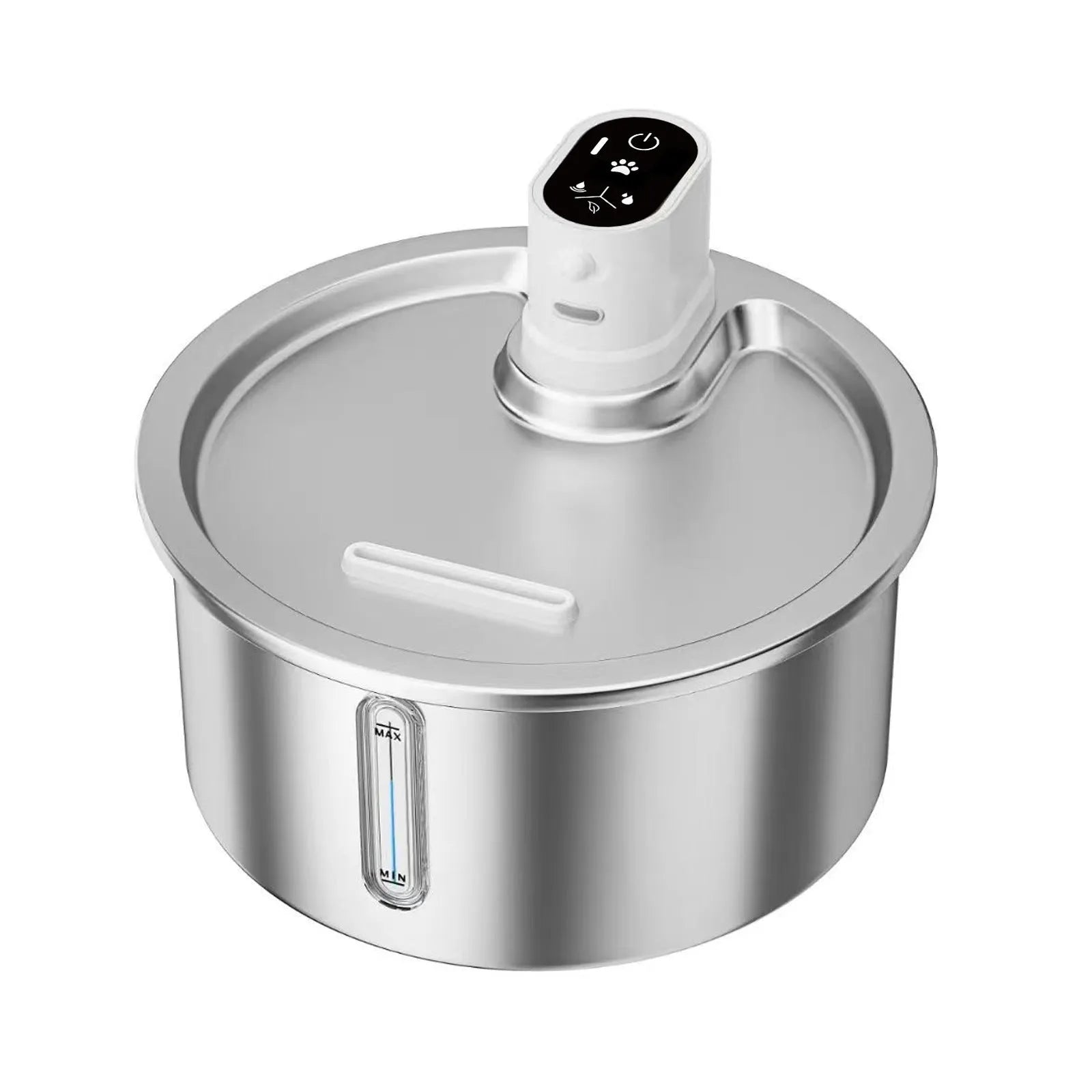 Stainless steel heated pet water fountain on a white base with a charging cable.