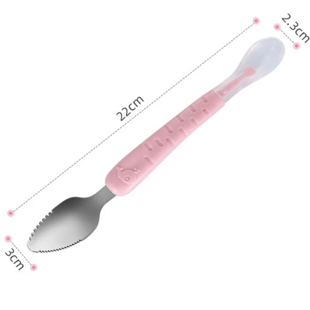 Baby Fruit Double-headed Mud Scraping Spoon in stainless steel with colorful options