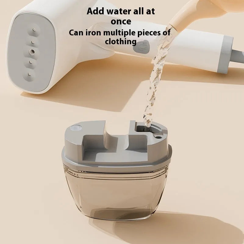 Blue and white handheld garment steamer with water tank and nozzle on a white background