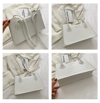 Trendy PU small square shoulder bag with crocodile pattern in black, orange, white, and grey