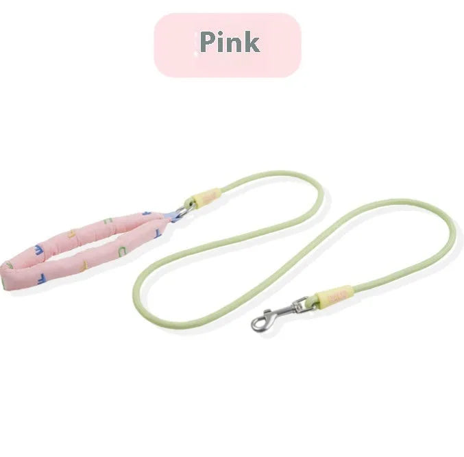 Polyester dog leash in pink, green, purple, and raspberry powder colours, showing 150cm length.