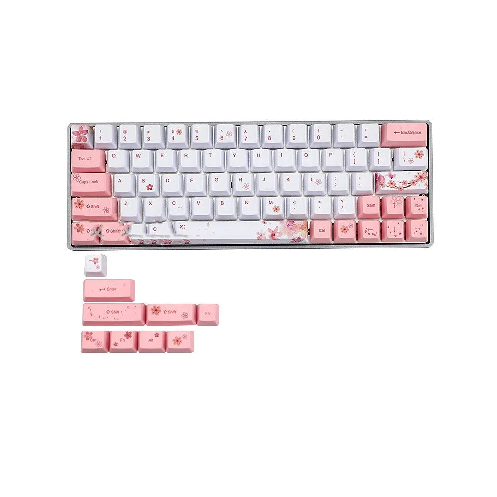 Sakura keycap set with pink cherry blossom pattern on OEM height five-sided sublimation keycaps for mechanical keyboard