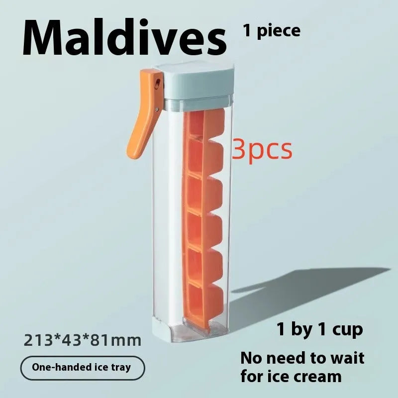Food-grade plastic ice cube mould with one-press release mechanism and storage box