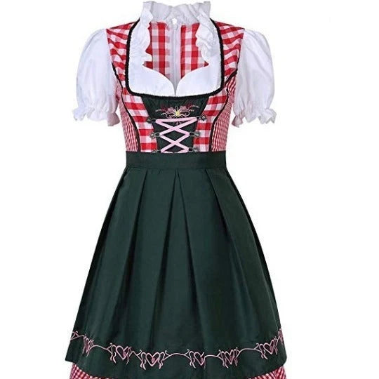 Women's Oktoberfest ethnic dress in red denim with apron and ribbon, sizes S to XXL