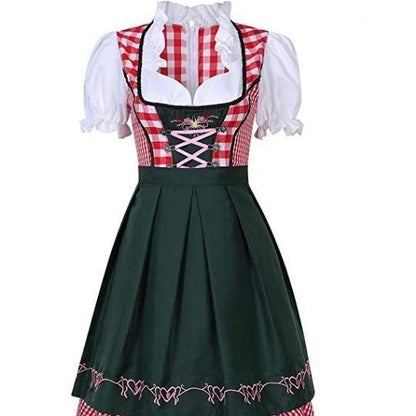 Women's Oktoberfest ethnic dress in red denim with apron and ribbon, sizes S to XXL