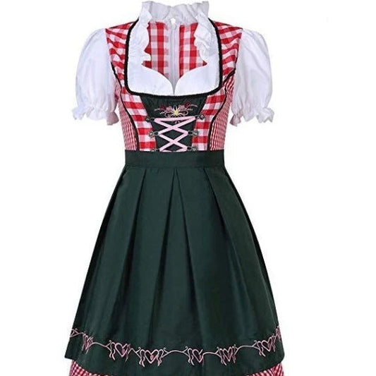 Women's Oktoberfest ethnic dress in red denim with apron and ribbon, sizes S to XXL