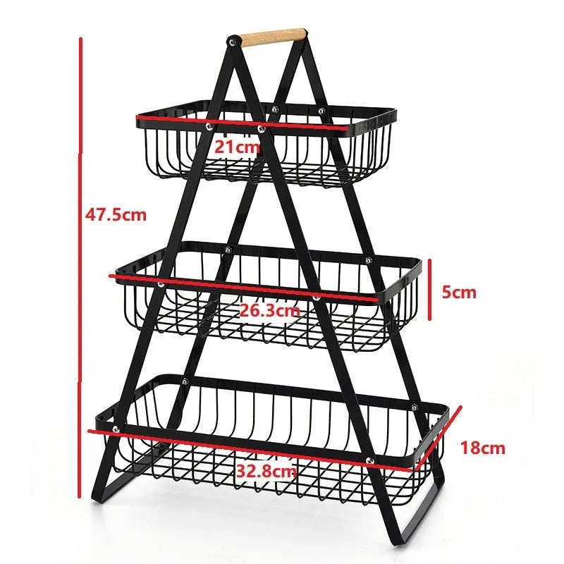 Black iron double-layer fruit basket with a wooden handle, shown with layers detached