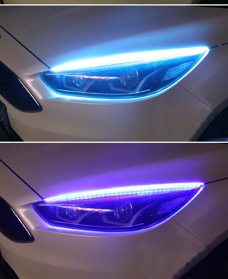 RGB colour LED car daytime running light strip with remote control on a white background.
