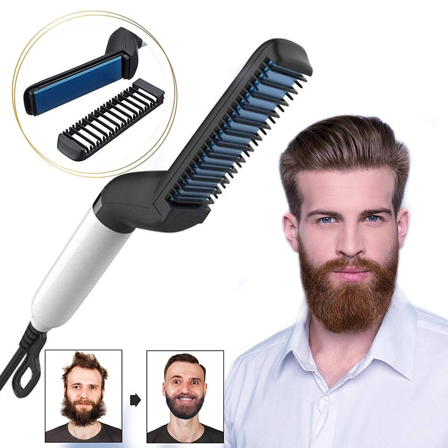 Electric hair straightener brush for men with quick heating feature and protective comb cover