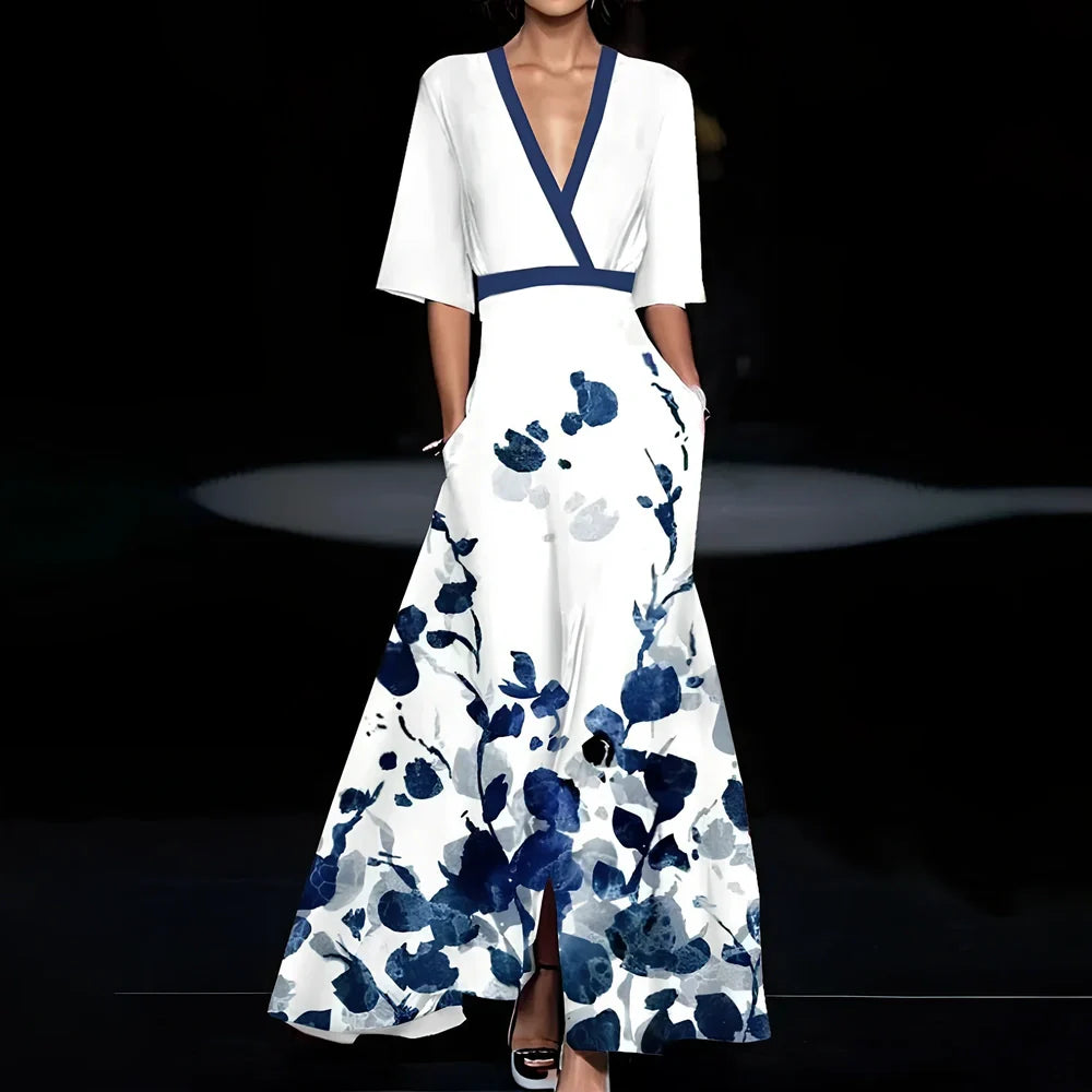 Women's summer V-neck A-line dress in red flower print, short split sleeves, belt included, sizes S-3XL polyester fabric