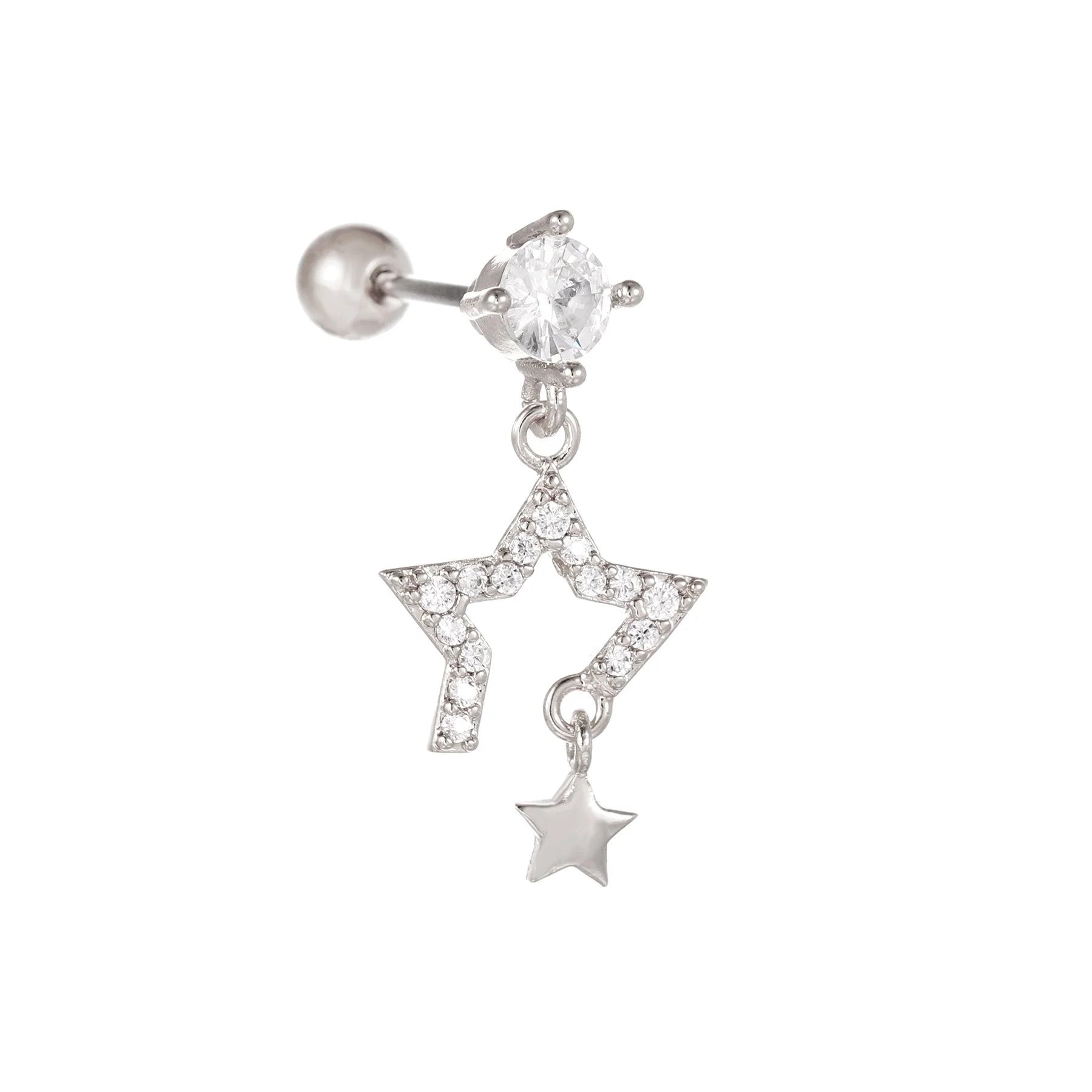 Star and moon cubic zirconia stainless steel cartilage earring in gold and white K options