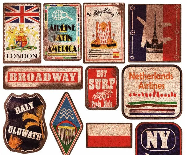 36 piece retro beach sticker set showing large surf and travel themed designs on PVC with matte finish
