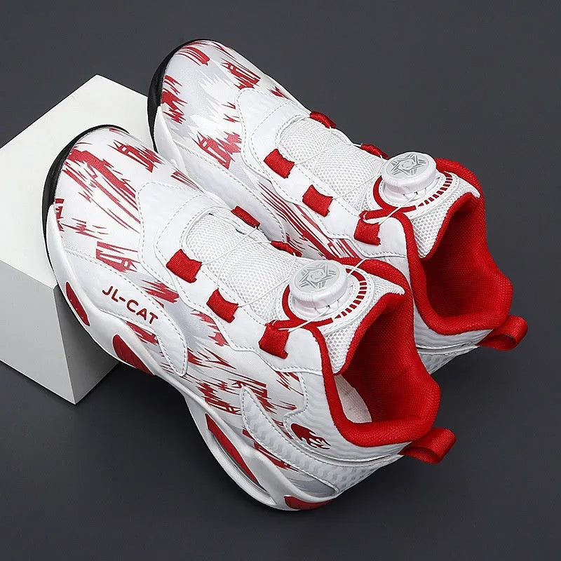 Boys rotating button basketball running shoes in black, available in youth and children's sizes.