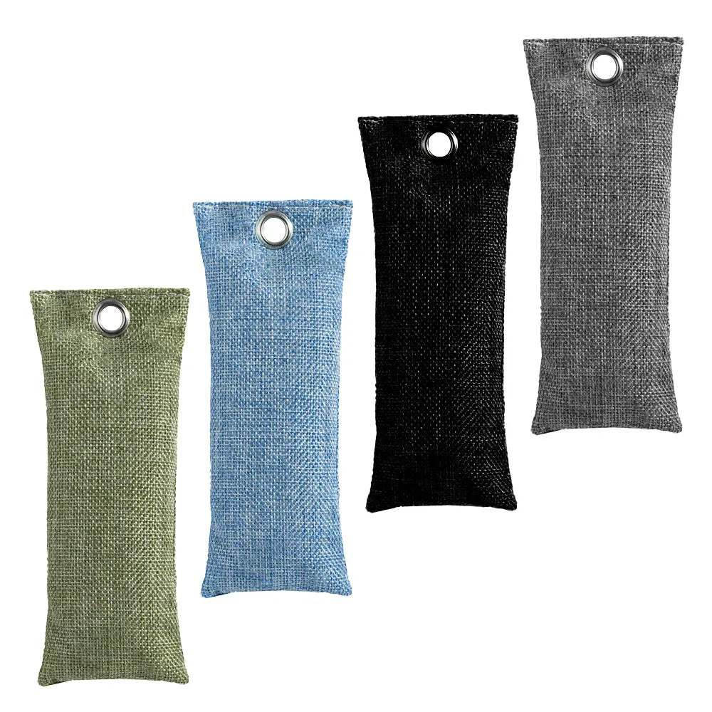 Four bamboo charcoal deodorising bags in black, green, grey and blue colours measuring 16.5cm x 6.5cm