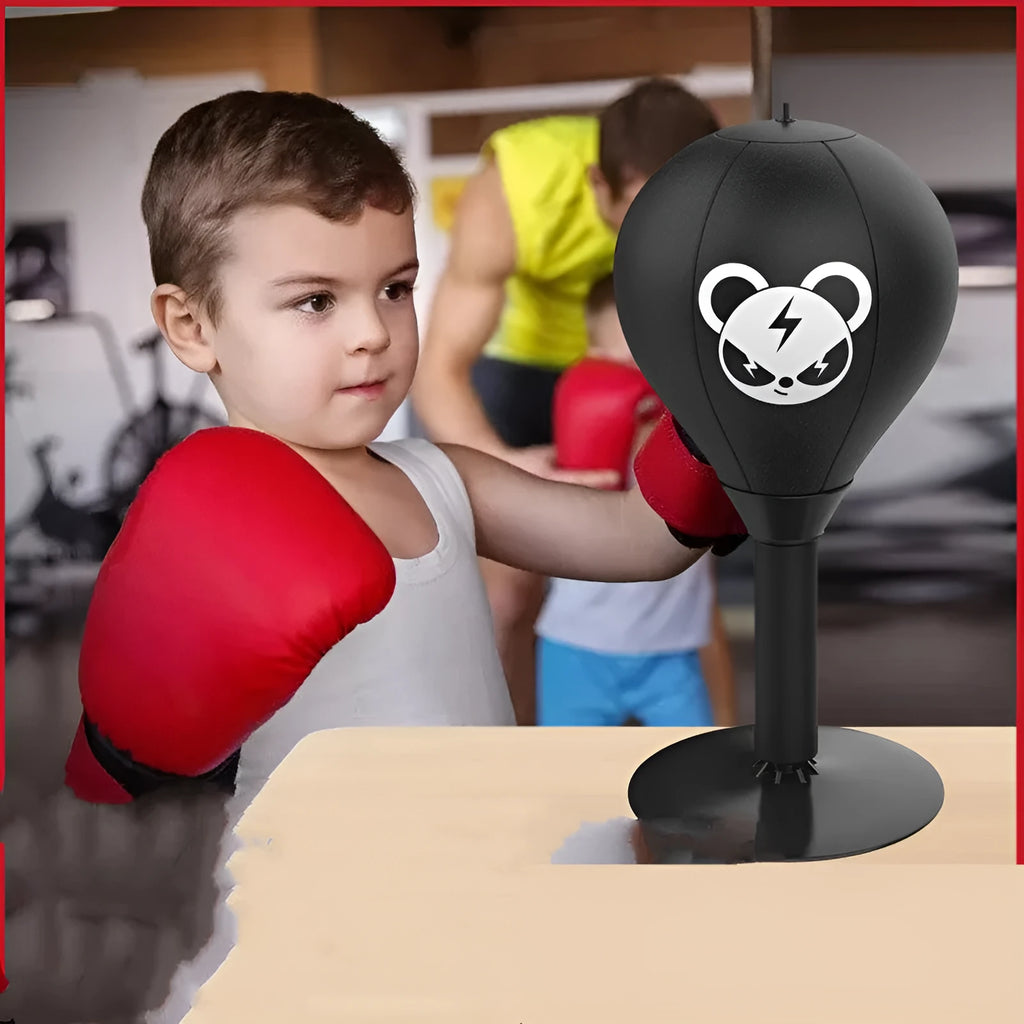 Tabletop inflatable boxing speed ball with suction cup base on a desk