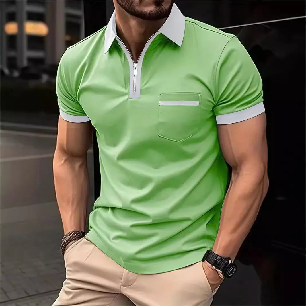 Men's casual short sleeve shirt with chest pocket and zipper decorations in multiple colour options