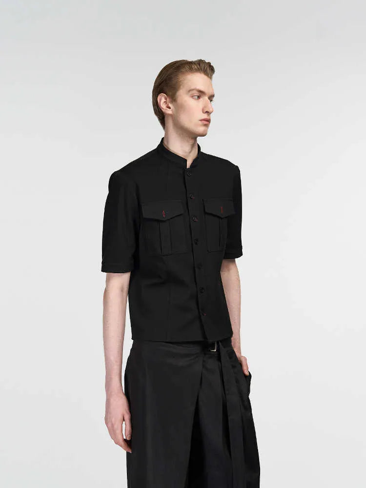 Black men's half-sleeve hunting shirt with a handmade red eye design and shirt collar.