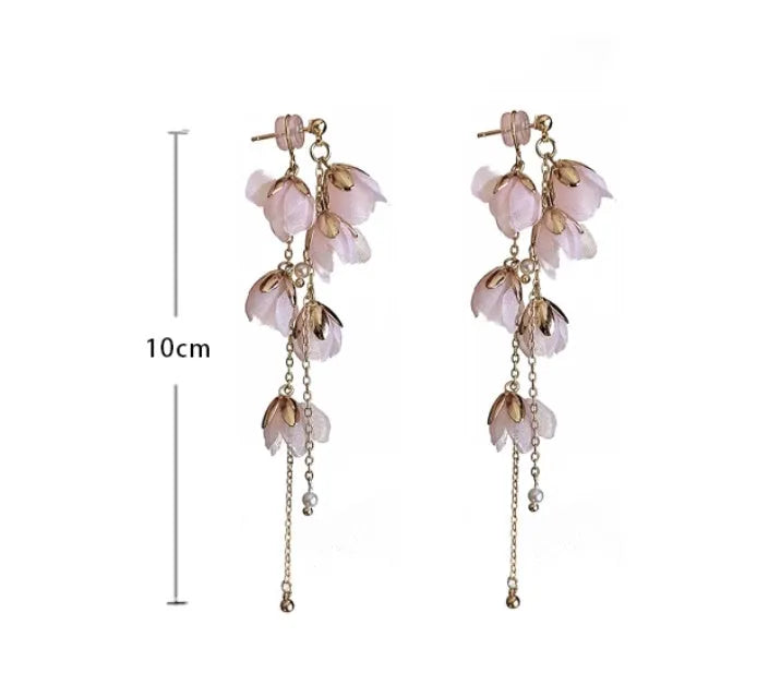 Long tassel romantic cherry blossom earrings in pink with gold plating, 8cm drop, mori fairy style