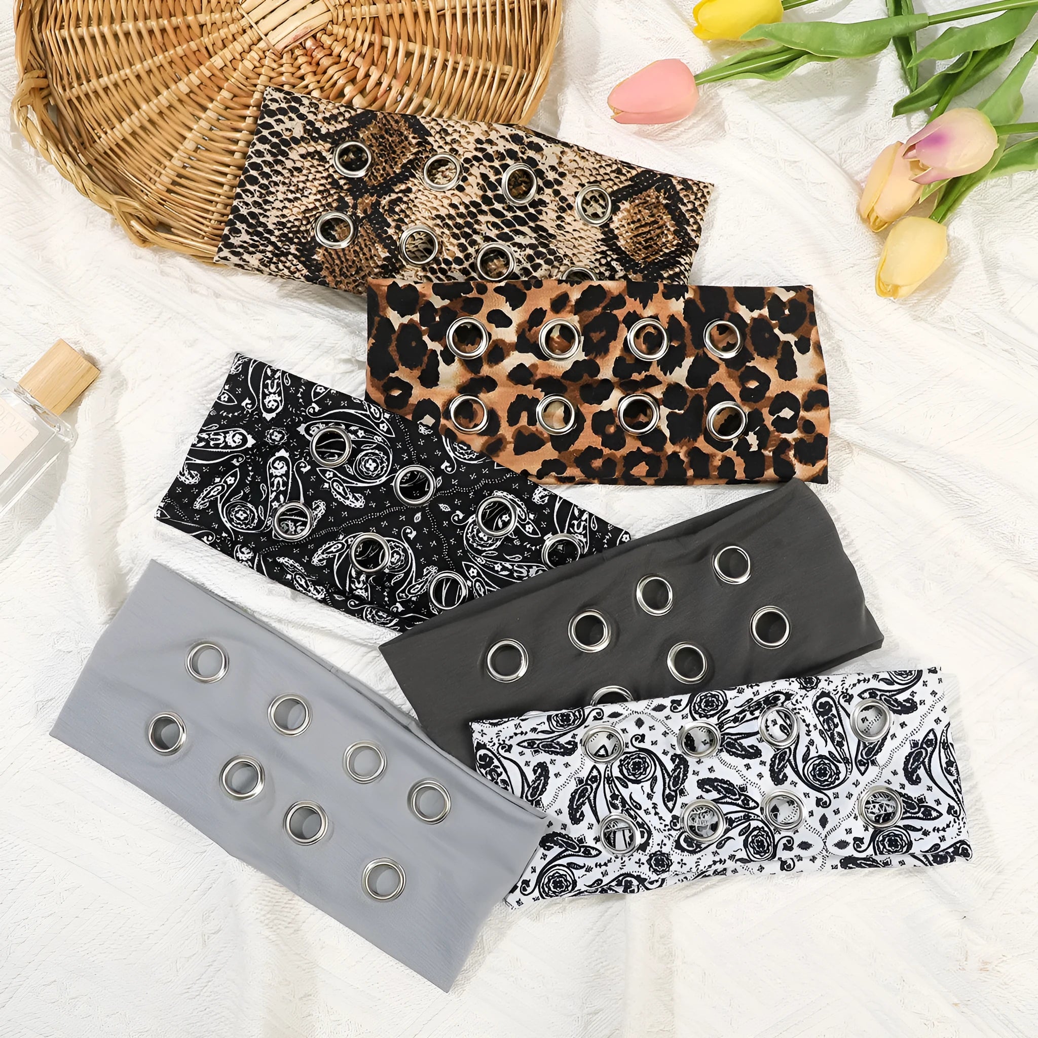 Punk style metal circle pullover hair band for exercise in multiple colour options.