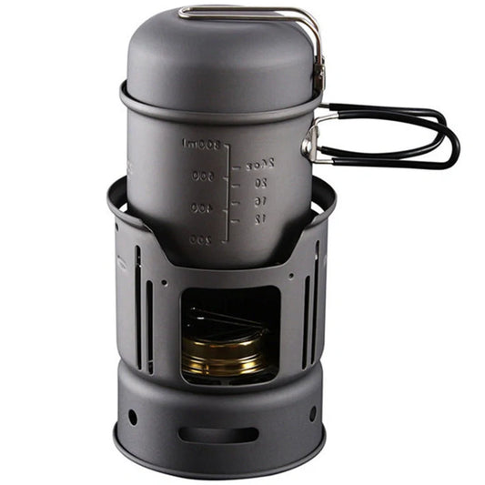 Small black stainless steel camping cookware set with alcohol stove and components