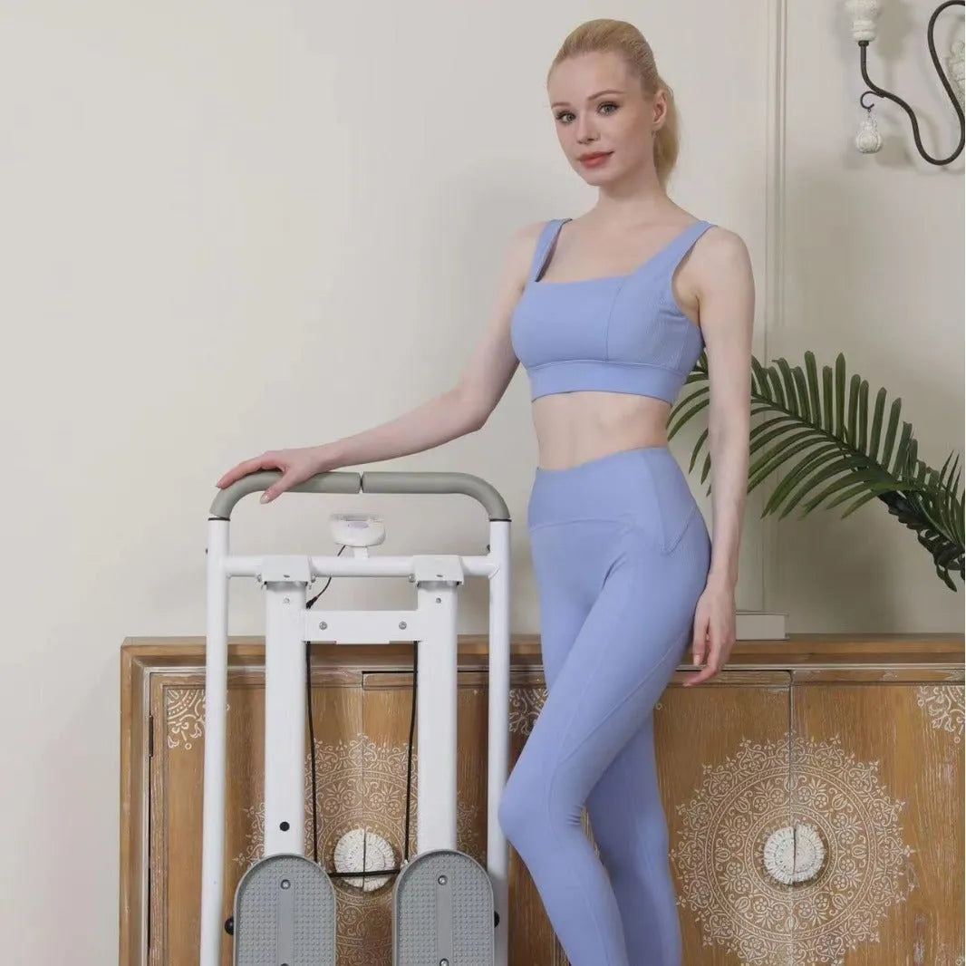 White foldable home fitness machine with integrated treadmill and climbing frame