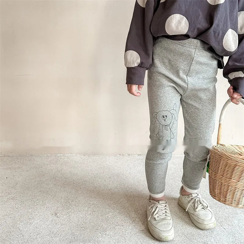 Girls' cotton rabbit print cropped leggings in beige and mixed gray, sizes 80-130cm, spring autumn wear