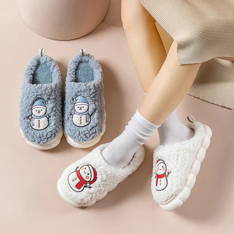 Cozy snowman-themed slippers with plush materials, anti-slip soles, and a variety of color options for comfortable indoor wear