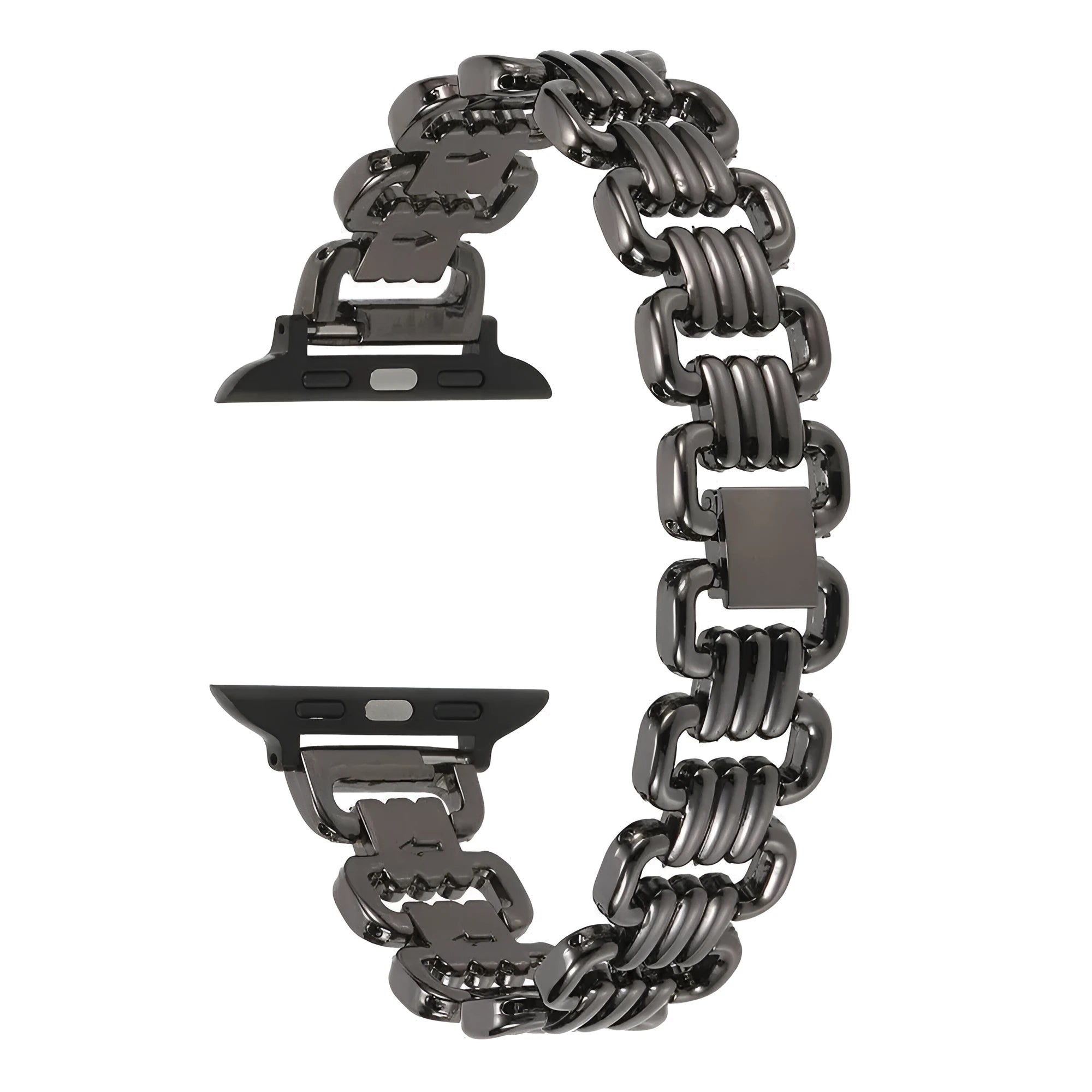 Stainless steel alloy Apple Watch band in silver, black, gold, rose gold, and starlight colours.