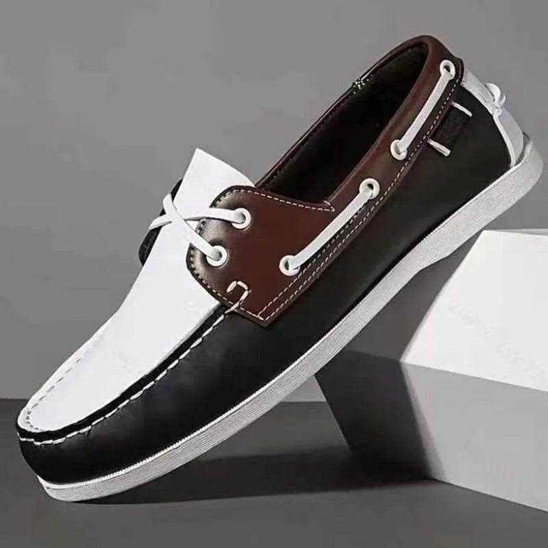 Men's flat-heel casual shoes with round toe in artificial PU, shown in solid colour options.