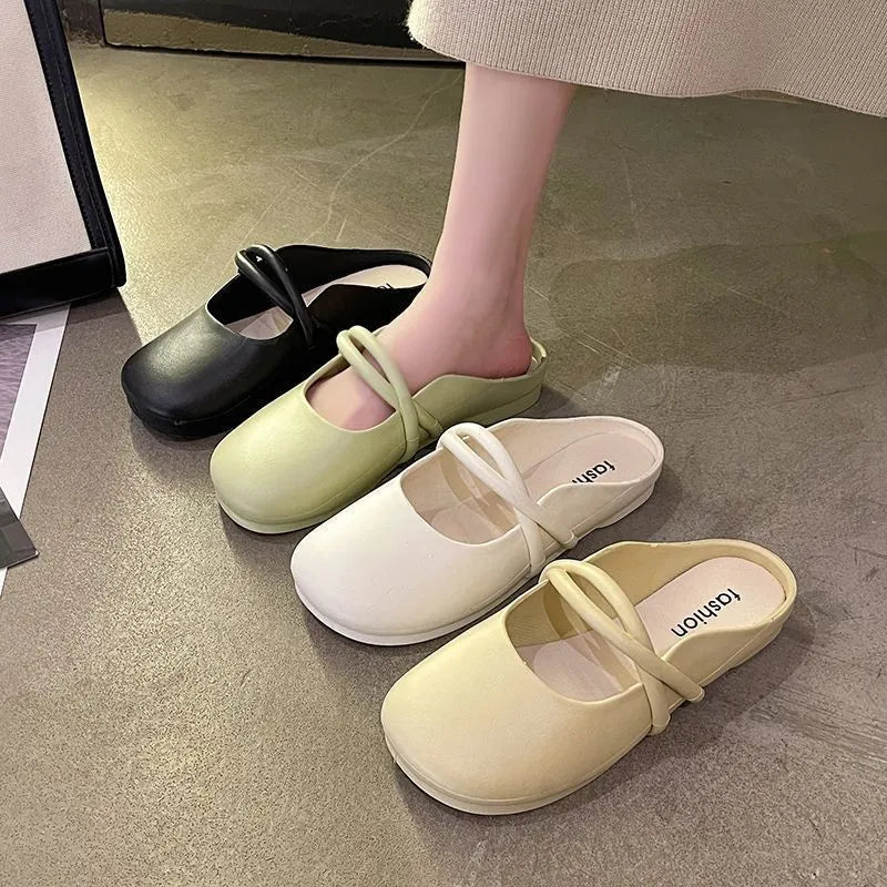 Women's plastic toe cap flip flop sandals in green, black, and beige colours on a summer background