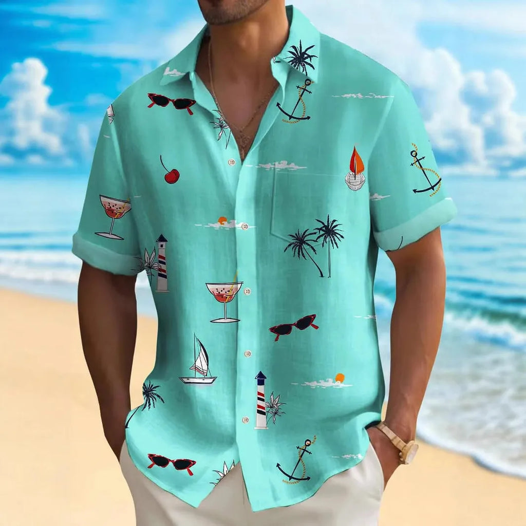 Men's loose-fit Hawaiian short-sleeve shirt in a solid colour with digital printing.