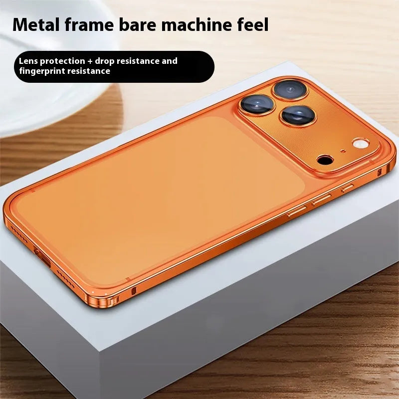 Aluminium alloy metal frame phone case with lens protection for iPhone 14 Pro Max in orange colour