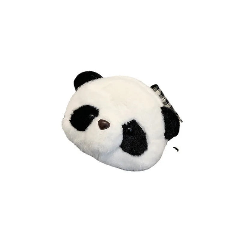 Soft plush panda head design cylindrical crossbody messenger bag with a sandwich pocket.