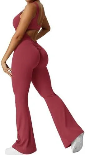 Women's sleeveless flare jumpsuit fitness yoga pants in high elasticity polyester fabric