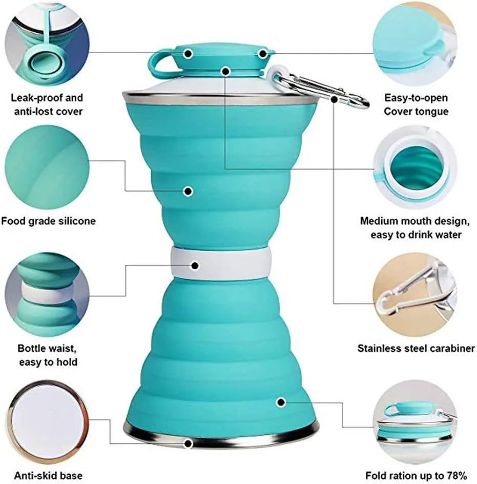 500ml collapsible silicone travel cup shown folded and unfolded with hanging rope and stainless steel rim