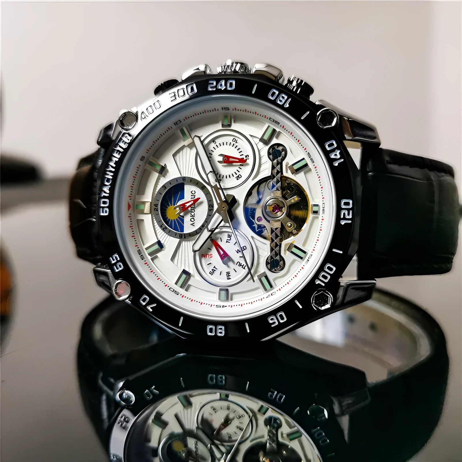 Men's automatic mechanical watch with stainless steel case and choice of black or white dial.