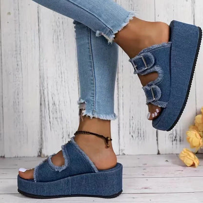 Women's denim buckle wedges sandals with thick bottom in blue, army green, and grey