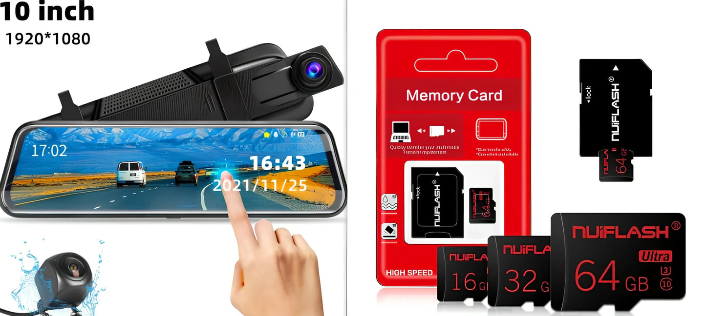 10-inch dual recording dash cam mounted as rearview mirror with 170-degree front and rear cameras