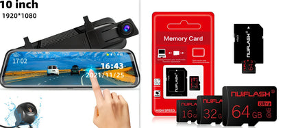 10-inch dual recording dash cam mounted as rearview mirror with 170-degree front and rear cameras