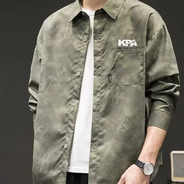 Men's retro Japanese camouflage linen long sleeve shirt in Army Green, front view