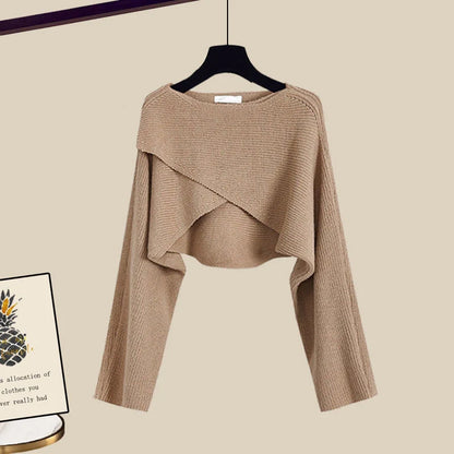Women's 3-piece knitted sweater suit in grey with white shirt and wide-leg pants for autumn and winter wear