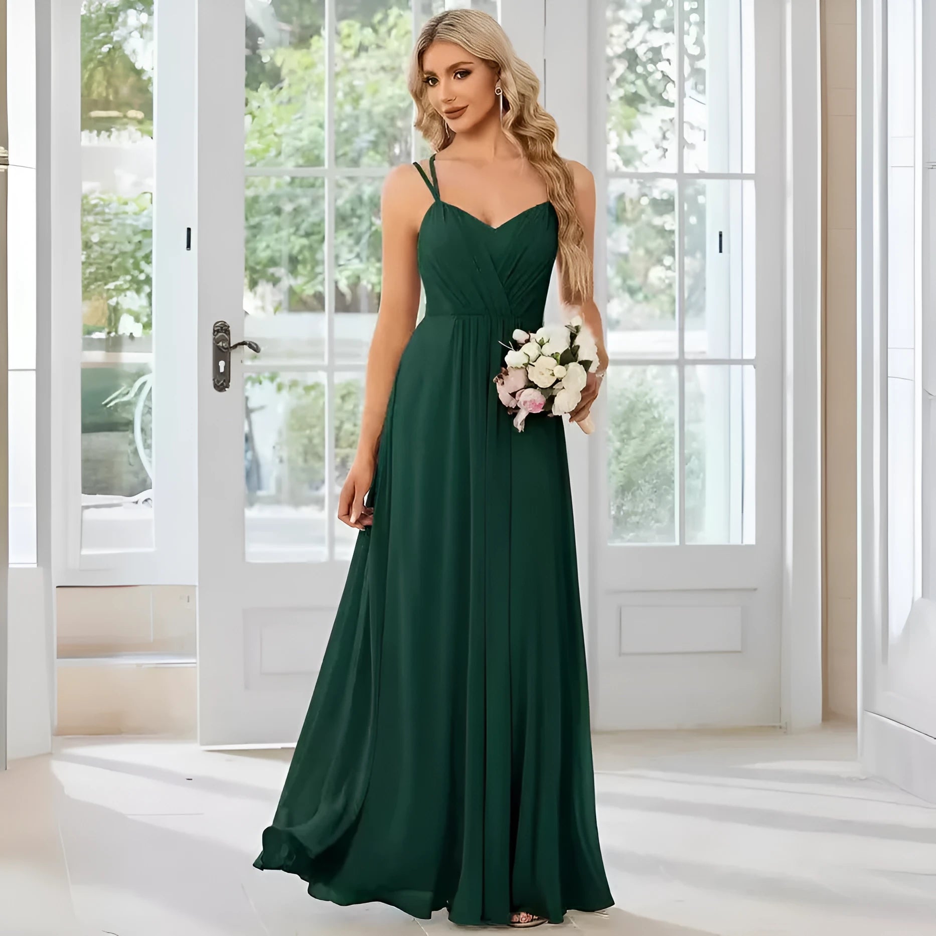 Long pleated A-line dress in light green with sleeveless sling neckline design.