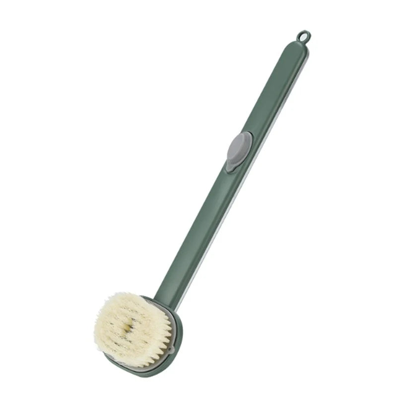 Multifunctional detachable shower brush in yellow, grey, green, and pink with ergonomic handle