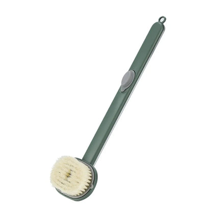 Multifunctional detachable shower brush in yellow, grey, green, and pink with ergonomic handle